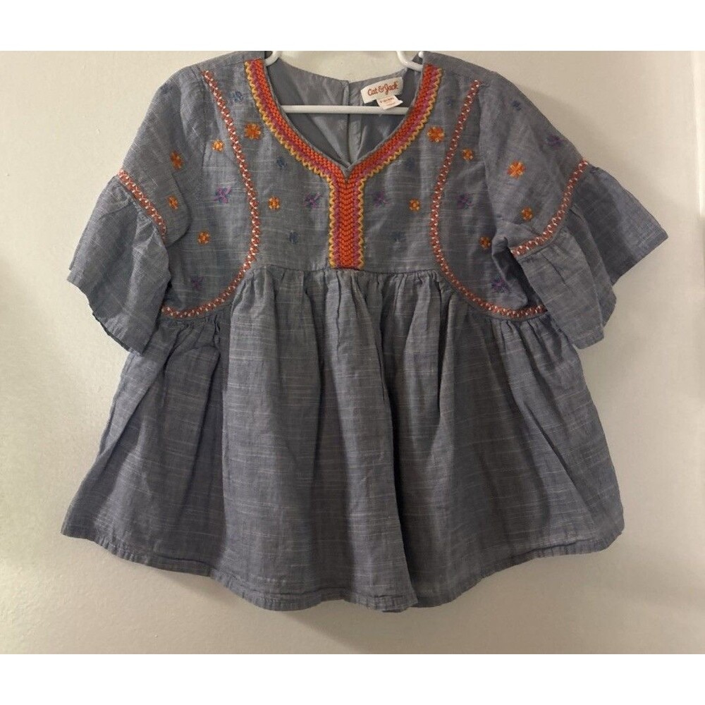 Cat & Jack S 6-6X Blue  bell sleeve girls embroidered floral boho cotton blouse